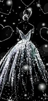 Illustration of a sparkling dress on a black background with heart patterns.