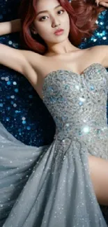 Woman in sparkling blue evening dress with elegant design lying on sequined background.