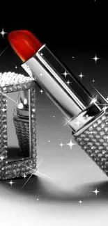 Sparkling lipstick with silver case and vibrant red color on a dark background.