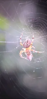 Close-up of a spider on its web with a blurred natural background.