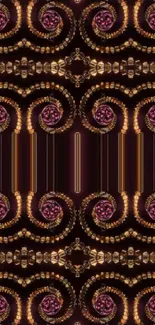 Mobile wallpaper with elegant spirals and ornate golden details on dark purple.