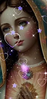 Ethereal spiritual art with hearts and stars, ideal for mobile wallpaper.