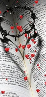 Crown of thorns casting shadow on open book pages.