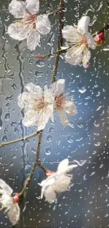 Elegant cherry blossom with white petals against a blurred blue sky.