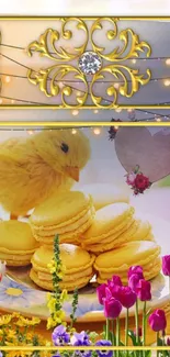 Elegant wallpaper with a chick, macarons, and flowers.