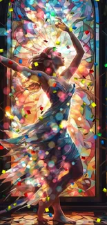 Elegant dancer in vibrant stained glass setting.