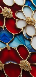 Stained glass wallpaper with gold floral designs and red, blue colors.