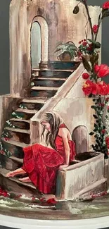 Elegant staircase cake art with a woman in red dress and floral accents.