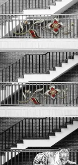 Vintage brick staircase with intricate design and a regal tiger.