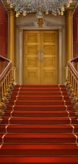 Elegant grand staircase with ornate railing and chandelier.
