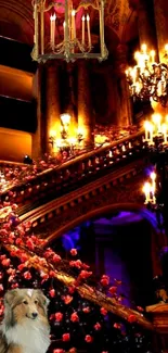 Elegant staircase with chandeliers and a dog.