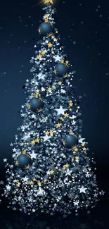 Starry Christmas tree on dark blue background wallpaper.