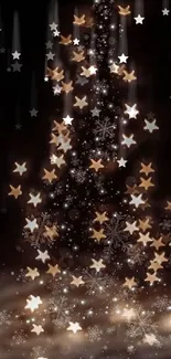 Festive Christmas tree wallpaper with glowing stars and snowflakes on a dark background.