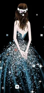 Illustration of a woman in a starry, elegant gown with a black background.