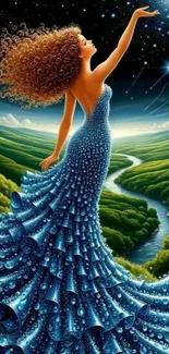 Elegant woman in blue dress under starry night
