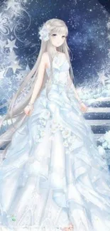 Elegant figure in white gown with starry night background