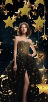 Woman in a shimmering gown with golden stars on a dark background wallpaper.