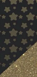 Elegant starry night mobile wallpaper with gold and black glitter.