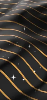 Black background with gold wavy lines and twinkling stars.