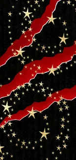 Wallpaper featuring red stripes and golden stars on a black background.