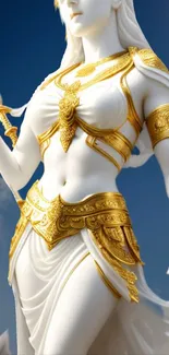 Elegant gold and ivory statue against blue sky.