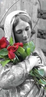 Elegant statue holding vibrant red roses against a textured background.