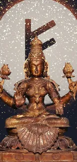 Elegant bronze statue with mystical symbol backdrop.