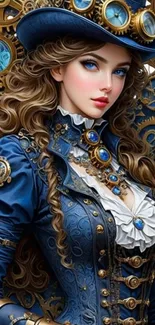 Steampunk woman in elegant blue attire with clock gears.