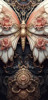 Intricate steampunk butterfly design wallpaper.