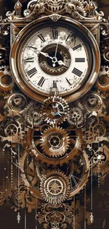 Steampunk clock with intricate gear design in bronze tones.