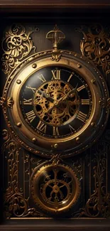Intricate steampunk clock with gears and vintage style on a mobile wallpaper.
