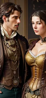 Steampunk couple art with elegant vintage attire in a classic setting.