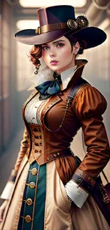 Steampunk style woman in Victorian attire standing indoors.