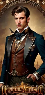 Steampunk gentleman in elegant attire with vintage and fantasy elements.