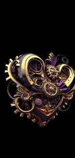 Steampunk heart wallpaper with gold and purple gears on black.