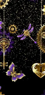 Steampunk wallpaper with gears and butterflies in gold and purple on black.