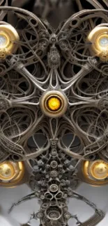 Ornate steampunk wallpaper with gears and glowing amber orbs.