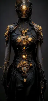 Steampunk warrior in dark golden armor.