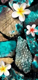 Turquoise stones with white flowers wallpaper.