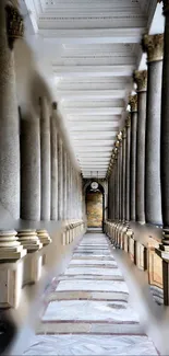 Elegant stone corridor with symmetrical pillars and classic design.