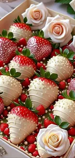 Elegant strawberries and roses in a decorative arrangement.