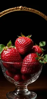 Crystal bowl with vibrant red strawberries on dark background.