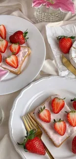 Chic breakfast scene with strawberries on toast and pink floral accents.