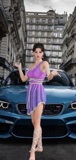 Fashionable woman in purple dress with urban city background.