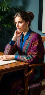 Elegant woman reading in a vibrant, cozy study room setting.