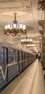 Elegant subway station with chandeliers and detailed columns.