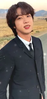 Person in a suit on a scenic road with a nature backdrop.