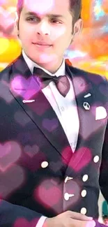 Man in elegant suit with vibrant heart overlays and dreamy background.