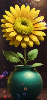 Vibrant sunflower in green vase mobile wallpaper.