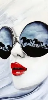 Artistic wallpaper showing sunglasses with horse reflections.